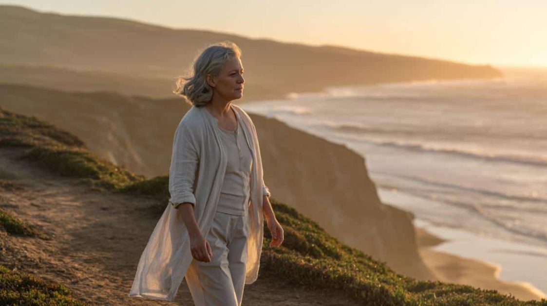 A woman stands quietly overlooking a rugged coastline at sunset, reflecting on what comes next in retirement. The image represents Retirement Wanderlust's focus on rediscovering purpose, meaningful exploration and new possibilities after retirement.