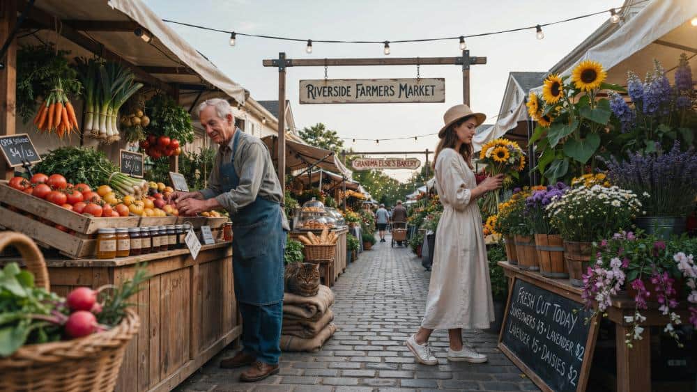 People browsing produce and flowers at a local farmers' market