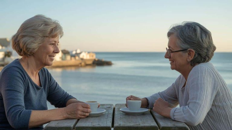 Two older women talking over coffee by the water