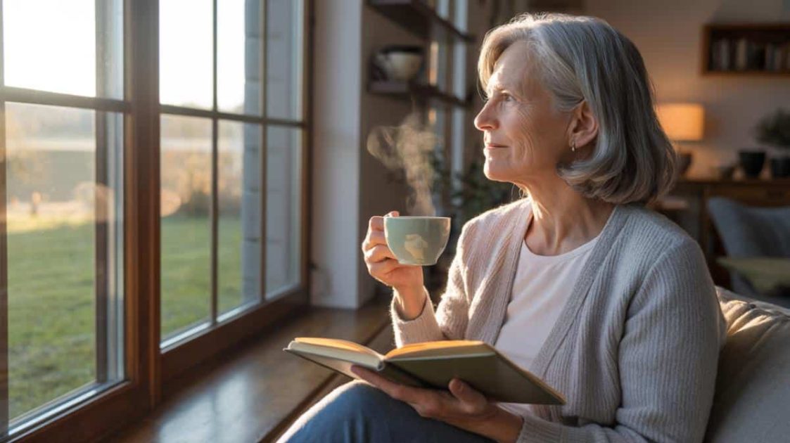 Older woman holding a cup of tea and an open book while looking out of a sunlit window.